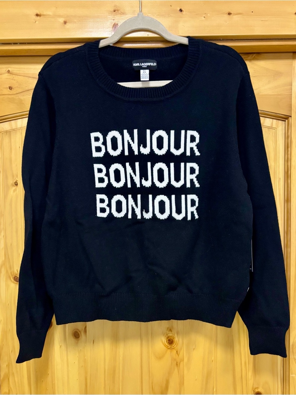 Karl Lagerfeld Black Crewneck Sweater with White BONJOUR Text, NWT